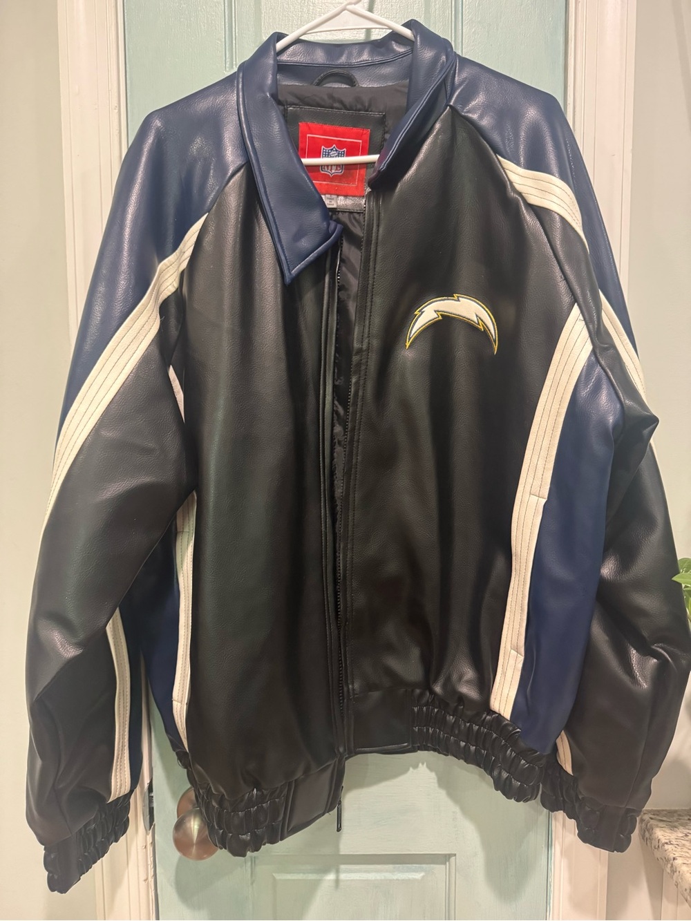 Vintage NFL San Diego Chargers Navy, Black & white faux Leather Bomber Jacket